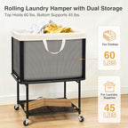 STO STO Rolling Laundry Hamper with Lockable Wheels, 29-Gallon (110L) Laundry Cart with Removable Canvas Bag, 2-Tier Clothes Basket Hamper with Shelf for Closet, Bedroom, Bathroom, Laundry Room
