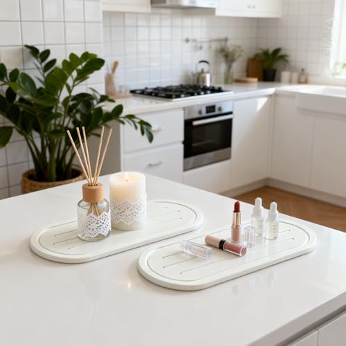 Razborci 2PCS Water Absorbing Stone Drying Tray Mat for Bathroom Sink & Kitchen Counter Faucet Organizer Decor, Quick Dry Dish Soap Dispenser Sponge Holder, Vanity Sink Caddy Coaster,White -10"*3.8" - color: 2pack-10"x 3.8" - White