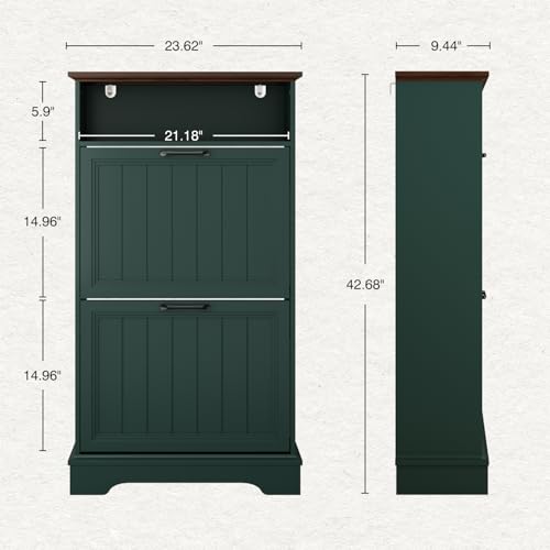 Shoe Storage Cabinet with 2 Flip Drawers, 24" W Farmhouse Modern Hidden Shoes Rack Cabinet with Adjustable Shelves & Open Storage, Narrow Slim Shoe Organizer for Front Door Entrance, Entryway, Green - color: Green, size: 2-Drawers