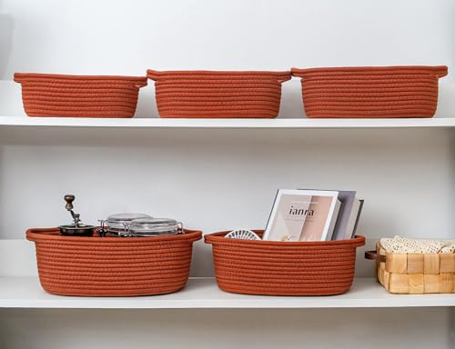 CubesLand Small Cotton Rope Storage Basket Set 5, Shelves Baskets for Organizing with Handle, Decorative Closet Storage Bins for Countertop Toilet Paper Basket for Toilet Tank Top,Rust Basket - color: Rust