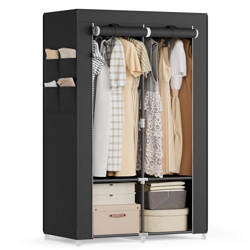 SONGMICS Portable Closet, Wardrobe Closet Organizer with Cover, 2 Hanging Rods and Shelves, 4 Side Pockets, 33.9 x 17.7 x 65.7 Inches, Large Capacity for Bedroom, Living Room, Ink Black URYG091B01 - color: Ink Black, size: 2 Tiers（33.9''L）