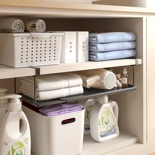 Expandable Under Cabinet Shelf, Extendable Under Shelf Storage with 0.94 Inches Thick Clips for Shoe Rack, Pantry Cabinet, Laundry Room. (Black, 2 Pack, Interior: 6" H x 8.26" D) - color: Black-6"h X 8.26"d-0.94" Thick Clip, size: 2 Pack