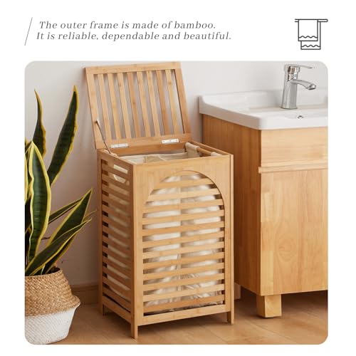 Laundry Hamper with Lid,Bamboo Large Waterproof Clothes Laundry Basket,Removable Washing Bags with Handles,clothes basket (Natural) - color: Natural