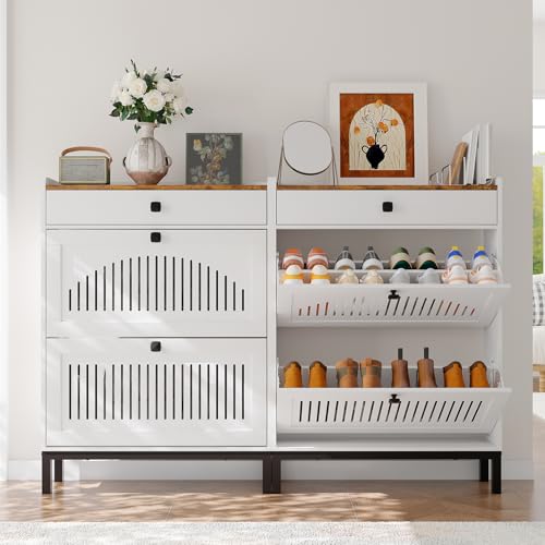 2-Door Flip Front Shoe Cabinet with Adjustable Shelves – Hidden Entryway Storage Organizer for Hallway, Foyer, Living Room – Freestanding Wooden Shoe Rack with Large Capacity & Modern Design, White - color: White & Rustic, size: 9.45"D x 31.4"W x 43.4"H