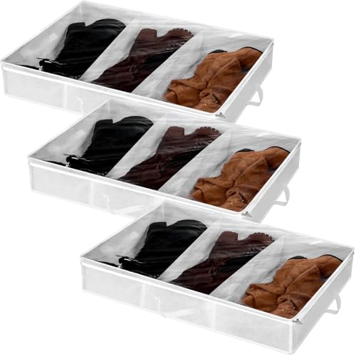 SATINIOR 3 Pcs 3 Section Under Bed Shoe Storage Boot Bag White Underbed Shoe Organizer with Large Clear Pockets Fabric for Storage Men's and Woman's Boots - color: White