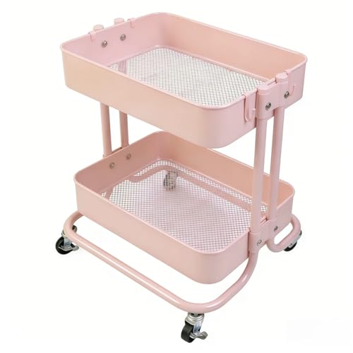 2 Tier Rolling Cart with Wheels for Under Desk Storage, Pink Small Rolling Pantry Storage Cart for Small Space, Metal Short Utility Shelf for Vanity Kitchen Bathrrom Laundry Organization - color: Pink-1, size: 2-tier