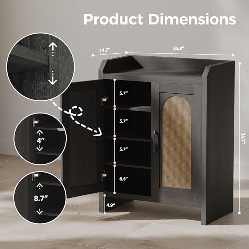 Mericonia Shoe Cabinet Storage for Entryway, Natural Rattan Shoes Cupboard, Wooden Shoe Rack with Doors and Shelves, Farmhouse Boho Wood Shoe Organizer Cabinet for Hallway Black - color: Black, size: 5-tier