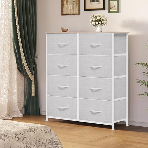YITAHOME Dresser for Bedroom, Fabric 8 Drawers, Tall Dresser with Fabric Bins, Storage Tower Unit, Chest of Drawers for Living Room, Hallway, Closets - color: Light Grey-white Handle(new 2025)