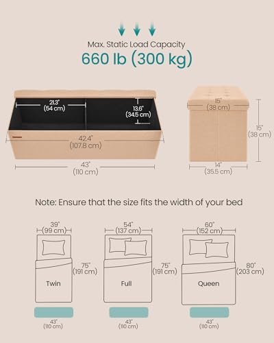 SONGMICS Mazie Collection - Storage Ottoman Bench, 43 Inches Folding Foot Rest Stool, End of Bed Bench, Easy Assembly, for Living Room, Bedroom, Entryway, Apricot Orange ULSF077O01 - color: Apricot Orange, size: 15"D x 43"W x 15"H