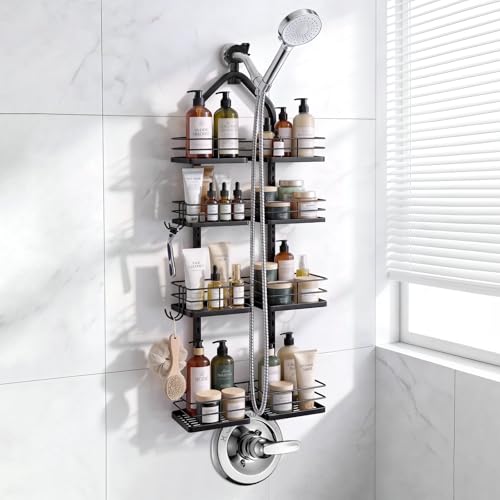 Adjustable Hanging Shower Caddy for Handheld Showerhead, 4-Tier Rustproof Shower Rack Baskets, Anti-Swing Hanging Shower Organizer for Bathroom Storage with 2 S-Hooks, Large Capacity, Black - color: 4-Tier Black