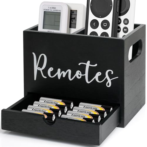 Remote Control Holder, 2 Slot TV Remote Holder& Desk Organizer with Drawers, Remote Organizer Caddy for Table, Wooden Remote Box for Nightstand,Media Storage Box for Living Room, Bed (Black) - color: Black-2 Slot