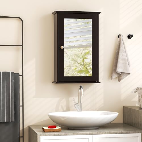 Tangkula Bathroom Medicine Cabinet with Mirror, Wall Mounted Single Mirror Door Storage Cabinet w/Adjustable Shelf, Wall Cabinet w/Reversible Door for Bathroom Living Room Hallway (Brown) - color: Brown