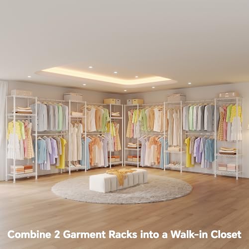 Higeego H11 Heavy Duty Garment Rack, Clothing Rack for Hanging Clothes, Extra Large Closet, Freestanding Wardrobe Closet Organizer and Storage with Hanger Rods, Extendable from 7.8 to 10.8 ft, White - color: White, style: 5 Row