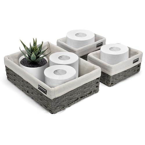 Brookstone Wicker Shelf Storage Basket Decorative Shelf Bin, bathroom organizers and storage, Boho Living Room Decor, Spring Storage 2026-3 Piece Set - color: Grey Three Pack