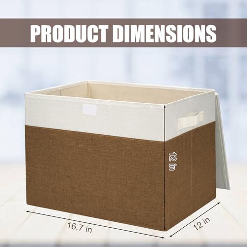 Large 17" 42 Quarts Collapsible Stackable Storage Bins with Lids [3-Pack] Foldable Fabric Linen Storage Boxes Cube, Closet Organizer Baskets with Label for Home (16.7 x 12 x 12", Brown & White) - color: Brown & White, size: Large - 3 Pack