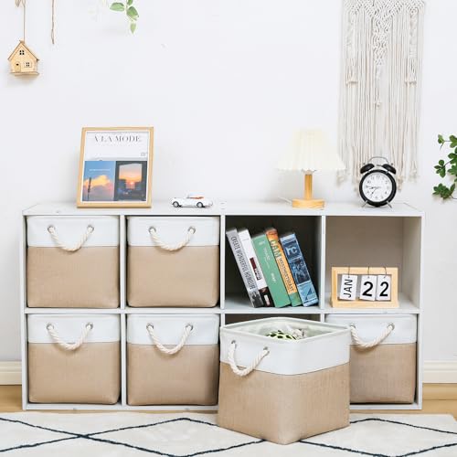 11 x 11 Inch Storage Cubes, 6 Pack Large Collapsible Fabric Storage Bin with Ropes, Foldable Storage Cubes for Home, Office,Closet, Clothes, Toys Organizer (White&Beige) - color: White&Beige, size: Cube - 11 x 11 x 11 inches (6 Pack)