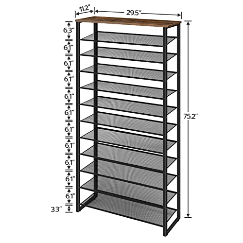 HOOBRO 12-Tier Shoe Rack for Entryway, 29.5" L Shoe Storage Organizer, Large Capacity Shoe Shelf for Closet, Front Door Entrance, Hallway, Holds 36-48 Pairs of Shoes, Rustic Brown and Black BF127XJ01 - color: Rustic Brown + Black, size: 12 Tiers (29.5"W)