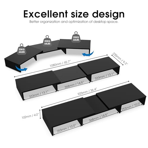 FITUEYES Dual Monitor Stand – 3 Shelf Computer Monitor Riser, Wood Desktop Stand with Adjustable Length and Angle, Desk Accessories, Office Supplies Medium Black,DT108001WB - color: Black