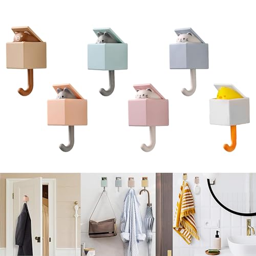 6Pcs Cute Creative Cat Coat Hook for Wall and Door-Max Load 10LB,Utility Heavy Duty Adhesive Wall Hook Mount for Coat, Towel,Scarf, Hat, Robes,Key and Other Items,Kawaii Room Decorative Hooks - color: pink, light blue, ,orange,brown,grey,white.