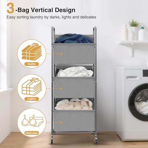 STO STO 3-Tier Vertical Rolling Laundry Hamper with Removable Bags, 120L Stackable Laundry Sorter Basket, Clothes Hamper with Wheels for Small Spaces, Closet, Bedroom, Bathroom, Laundry Room, Gray - color: Gray Fabric