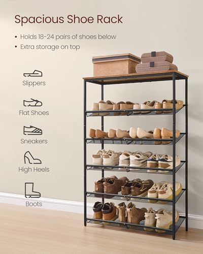 VASAGLE Shoe Rack for Entryway, 6-Tier Shoe Rack Organizer with Storage Shelves and Spacious Top, Freestanding, Adjustable, Industrial, Rustic Brown and Ink Black ULBS044KD01 - color: Rustic Brown + Ink Black, size: 6 Tiers (29.5"W)
