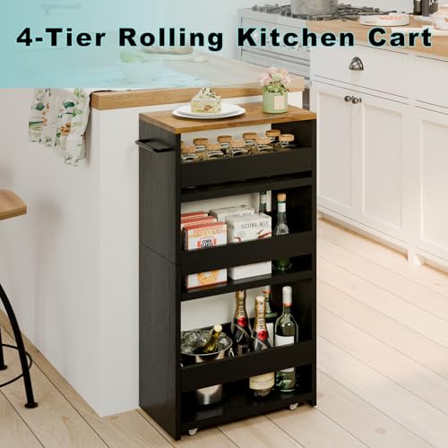 MARTY Rolling Storage Cart 7.9" W, 4-Tier Kitchen Cart with Wheels Handle, Slim Storage Cart Mobile Shelving Utility Carts for Bathroom Laundry Room Organization Narrow Places (Black) - color: Black, size: 7.9"D x 15.75"W x 31.5"H