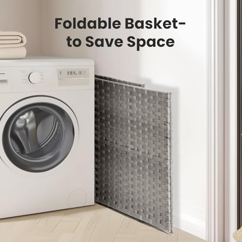 110L Laundry Hamper with Lid, Hand-Woven Pp Rattan Laundry Basket with Compartments & Handles, Removable Liner Bags,Foldable, Narrow Dirty Clothes Basket, Grey - color: 110L-Grey