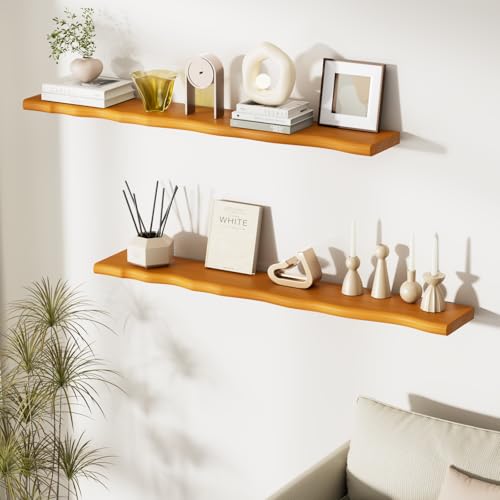 Floating Shelves for Wall Rustic Farmhouse 48 Inch Floating Shelf Bathroom Wooden Shelves for Wall Mounted Live Edge Pine Shelf with Unique Natural Grain for Living Room Bedroom Kitchen (Honey Walnut) - color: Honey Walnut, size: 48 inch - 2pcs