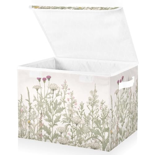 xigua Vintage Colorful Herbs and Wild Flowers Floral Storage Bins with Lids and Carrying Handle,Foldable Storage Boxes Organizer Containers Baskets Cube with Cover for Home Bedroom Closet Office - color: Vintage Colorful Herbs and Wild Flowers Floral