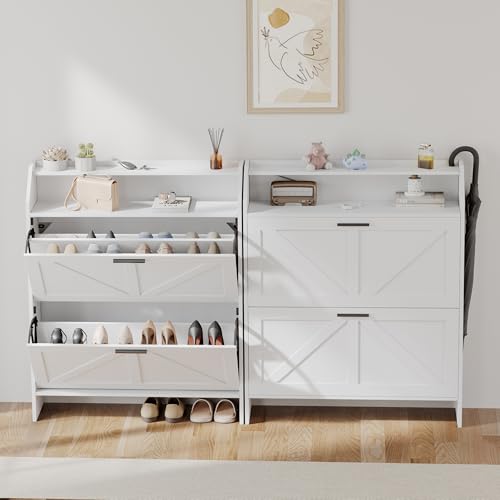 Mericonia Farmhouse Shoe Cabinet with 2 Flip Drawers, Shoes Storage Cabinet, Freestanding Shoe Rack Organizer for Entryway, White - color: C-white (Flip Drawers)
