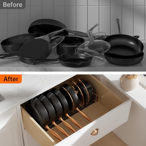 MUDEELA 2 Pack Pots and Pans Organizer Rack for under Cabinet, Expandable Pot Lid Kitchen Cabinet Organizer Holder with 10 Adjustable Compartment Cutting Board Organizer for Pan Lid, Bakeware Sheet - style: 2 Pack 10 Dividers-Black