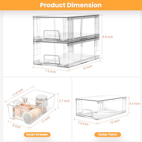 2 Pack Stackable Storage Drawers,Plastic Organizers Bins, Drawers Storage with Handles and Movable Dividers for Organization and Storage in Fridge,Bathroom, Pantry, Kitchen Cabinets, Under Sink - size: 2Pack 4.4"H-with Dividers