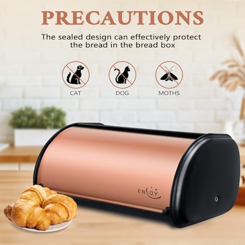ENLOY Bread Box for Kitchen Countertop, Stainless Steel Bread Storage Bin for Kitchen with Roll Up Lid, Large Capacity Bread Keeper Holds Large Loaves of Bread (Rose Gold) 17 x 11 x 7 IN - color: Matte Black Rose Gold