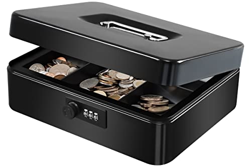 KYODOLED Large Cash Box with Combination Lock Safe Metal Money Box with Money Tray for Security Lock Box 9.84"x 7.87"x 3.54" Black - color: Black, size: Large