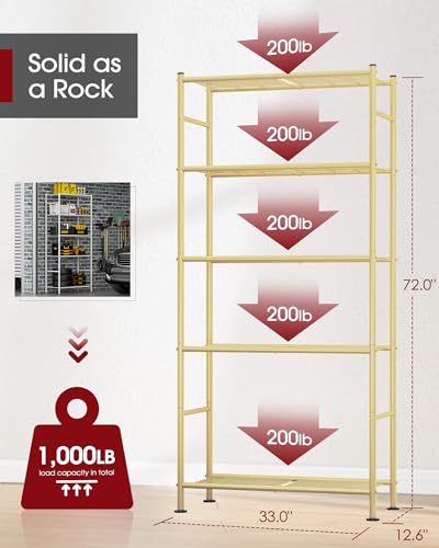 Sakugi Storage Shelves - 5 Tier Shelf Organizer, Heavy Duty Garage Shelving Unit with Leveling Feet, Stable Metal Shelves Organizer for Pantry, Kitchen and Closet, 33.0" W x 12.6" D x 72.0" H, Gold - color: Gold, size: 33.0W×12.6D×72.0H(5T)