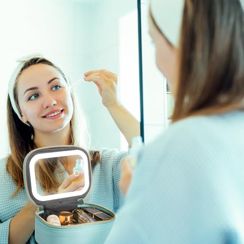 Mini Makeup Bag with Led Mirror, Small Travel Make up Bag 3 Light Modes Adjustable Brightness, for Women Organizer Cosmetic Bag, Portable Travel Train Toiletry Bag, for Pool Parties Work Touch-Ups - color: Blue
