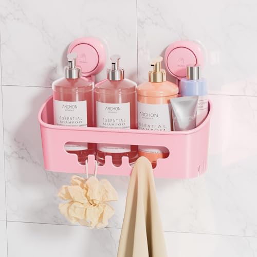 LEVERLOC Shower Caddy Suction Cup, Shower Organizer Removable Bathroom Shelf, Storage Suction Powerful Max Hold 22lbs Bathroom Caddy Waterproof Holder, Blue - color: pink, size: 1 x Medium