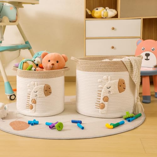 Large Blanket Baskets for Living Room Decor, Toy Storage Baskets Woven Cotton Rope Storage Basket for Kids, Dog Toys Organizer Clothes Hamper with Embroidery Decor for NurseryLaundry (Large, Giraffe) - color: Giraffe, size: Large