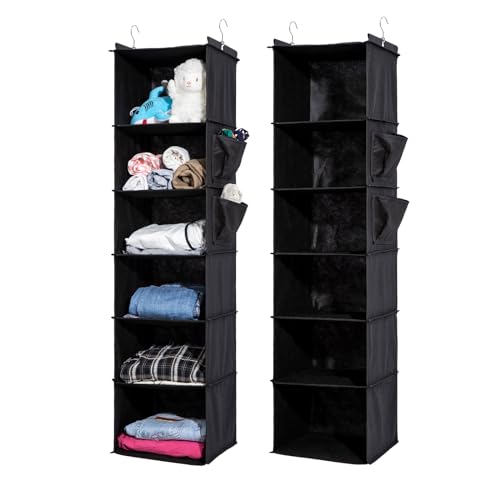 2 Packs Hanging Closet Organizer, 6-Shelf Closet Organizers and Storage with Side Pockets, Collapsible Hanging Shelves for Closet & RV & College Dorm,Black - color: Black, size: 2 # 6 Shelves
