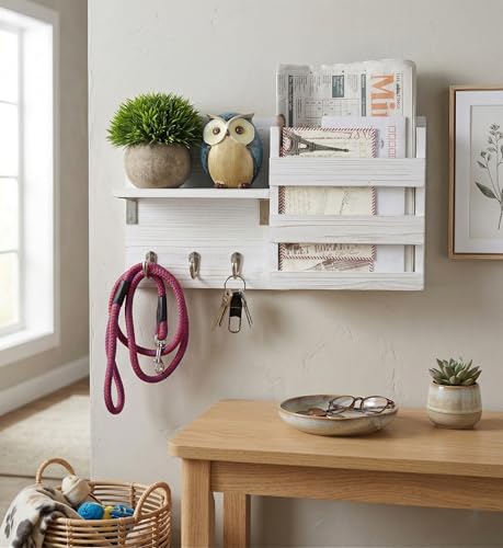 Spiretro Wall-Mounted Key Hooks Holder and Mail Sorter - Rustic Wood White - Entryway Organizer for Letters, Leashes, and Purses - Floating Shelf, 16.5” W x 9.75" H x 4.5” D - color: Rustic Whitewash with Wooden Grain