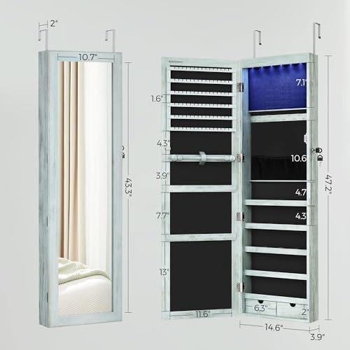 SONGMICS 6 LEDs Mirror Jewelry Cabinet, 47.2-Inch Tall Lockable Wall or Door Mounted Jewelry Armoire Organizer with Mirror, 2 Drawers, 3.9 x 14.6 x 47.2 Inches, Rustic Green UJJC93UJ - color: Rustic Green