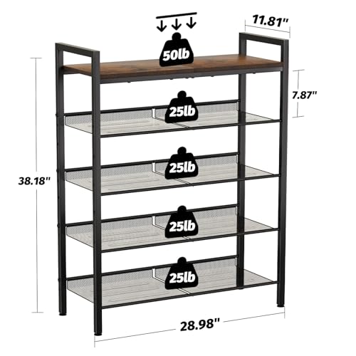 WIN4ALL Shoe Rack for Front Door Entrance, 5 Tier Shoe Rack for Entryway, 16-20 Pairs of Shoes, Metal Shoe Rack Organizer, Free Standing Shoe Rack for Closet (Black+Rustic Brown) - size: 5 Tier (11.81"D x 29.33"W x 38.18"H)