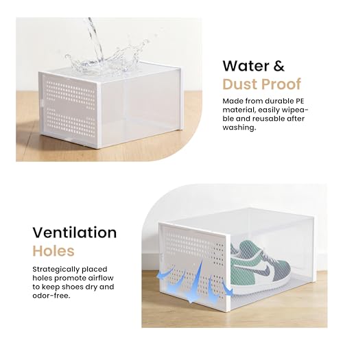 HealSmart 15-Pack Large Shoe Storage Boxes, Stackable Plastic Shoe Organizer with Lids, Large Shoe Rack & Storage Containers for Closet, Under Bed, Entryway, White
