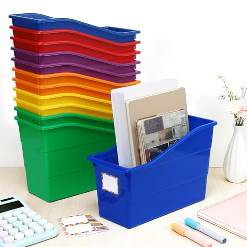 12 Pack Large Book Bins, Durable Magazine Organizer File Holder High-Quality Plastic Book Storage Bins with Labels for Classroom Library, Office, Desktop Organization,Bookshelf Categorization(Rainbow) - color: Rainbow