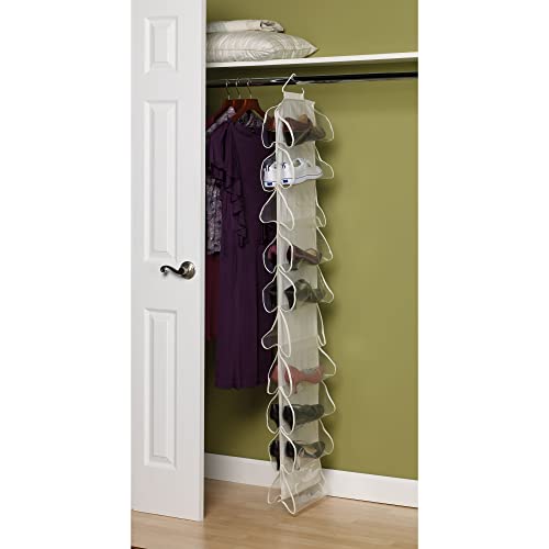 Household Essentials 20-Pocket Closet Shoe File, Durable Canvas and Plastic, Holds 10 Pairs of Shoes, Individual Storage, Single Hook System - color: Natural
