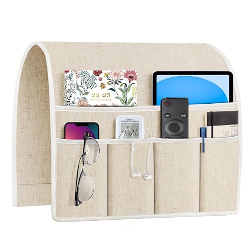 Joywell Armrest Organizer Remote Holder for Recliner Armchair Caddy Couch Sofa Arm Chair Caddie with 6 Pocket Storage for Magazine, iPad, Phone,Linen - color: Linen, size: 19'' x 35''