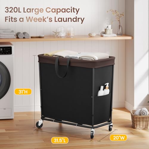 320L Laundry Basket with Wheels, 3-Section Rolling Hamper for Laundry, Extra Large Laundry Hamper with Wheels, Clothes Hamper Rolling Laundry Basket for Home, Bathrooms and Dorm(Black) - color: Black-3 Section, size: 320L
