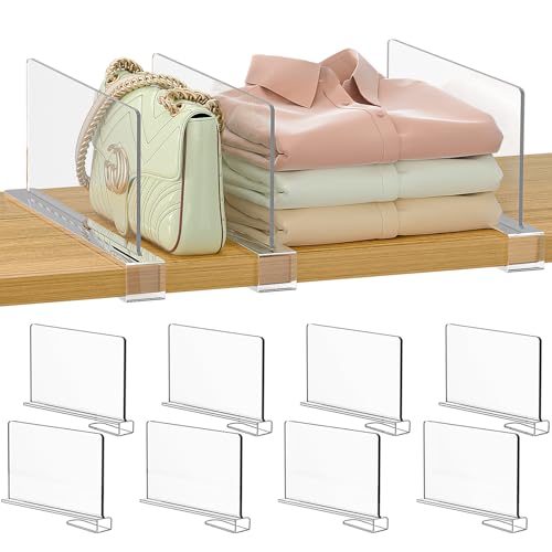 Purse Organizer for Closet Shelf Dividers: 6-inch Tall (Shorter Version) Adjustable Clear Acrylic Bag Storage Organizer for Handbags, Sweaters, Towels, Jeans and Shoes on Wood Shelves 8-Pack - color: Clear:8-pack, size: Small: 6" Tall x 10" Deep