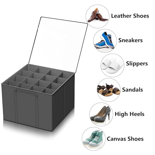 SUOCO 2 Pack Shoe Organizer for Closet, Fits up to 32 Pairs, Small Space Shoe Storage Boxes Bins Containers w/Adjustable Dividers and Clear Top, Grey - color: Grey