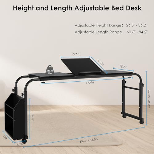 Arlopu Overbed Table with Wheels,60.6-84.2 inches Mobile Bed Desk,Rolling Computer Desk, Laptop Cart,W/0-65°Tilt Stand,4 Heights and 6 Lengths,Side Storage Basket,for Home,Office and Hospital (Black) - color: Black